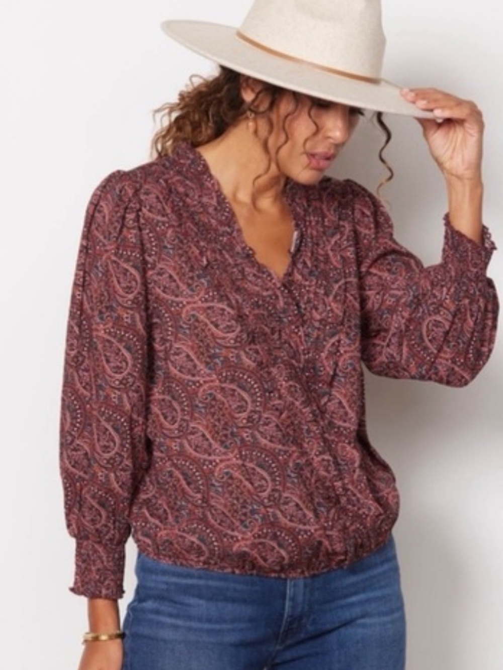 EVEREVE Anden Paisley Boho Wide Sleeve Wrap Blouse L Autumn Wine